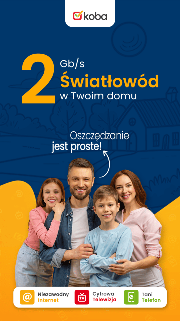 Szybki światłowód do domu w Podlasiu — KOBA oferuje internet do 2 Gb/s. Stabilne łącze, instalacja i lokalne wsparcie. Sprawdź dostępność.
