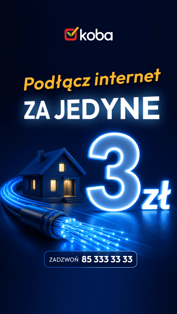 Skorzystaj z promocji na podłączenie światłowodu i zamów szybki internet Koba na Podlasiu już od 3 zł. Stabilne łącze do domu i firmy w Twojej miejscowości.