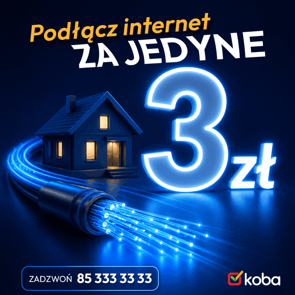 Internet światłowodowy na Podlasiu już od 3 zł. Sprawdź promocję na szybki i niezawodny internet Koba w Białymstoku oraz miejscowościach: Choroszcz, Mońki, Czarna Białostocka, Łomża, Wysokie Mazowieckie, Siemiatycze, Białowieża, Ciechanowiec, Brańsk, Michałowo, Gródek, Grabówka, Dobrzyniewo Duże, Wizna, Stawiski, Jedwabne, Zabłudów, Sowlany, Nurzec-Stacja, Kleszczele, Dubicze Cerkiewne, Czeremcha, Boćki, Kleosin, Księżyno, Turośń Kościelna, Sokoły, Narew, Narewka, Podgórze, Szumowo, Mochnate, Rafałówka, Karakule, Wasilków, Święta Woda, Knyszyn i wielu innych miejscowościach na Podlasiu. Zamów światłowód Koba i korzystaj ze stabilnego internetu w domu i firmie.
