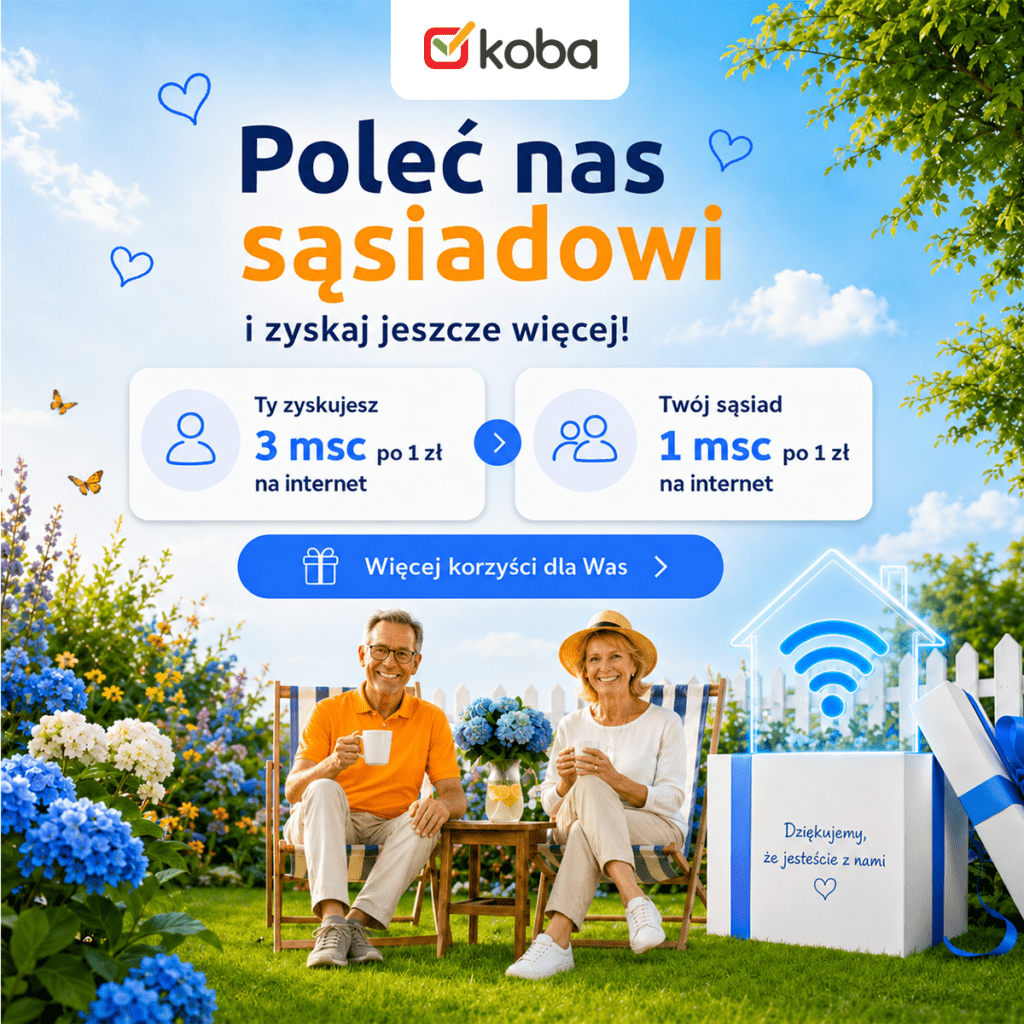 Mobilny baner Koba przedstawiający uśmiechniętą parę klientów w ogrodzie oraz prezent z napisem „Dziękujemy, że jesteście z nami”, promujący program poleceń lokalnego operatora internetu światłowodowego na Podlasiu.